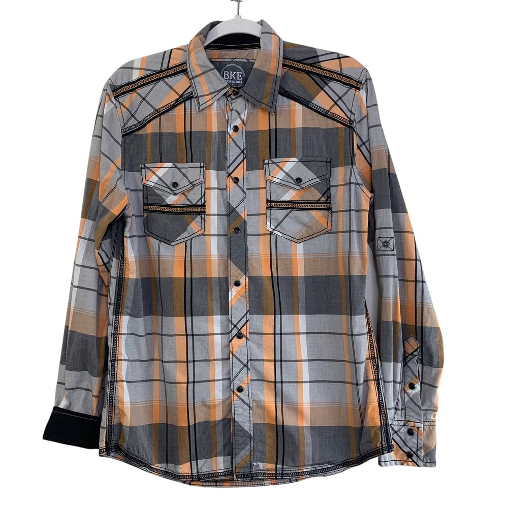 BKE Mens Athletic Fit Western Shirt Size S Orange Black Plaid Matte Pearl Snap